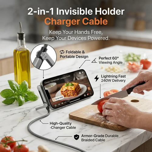 ⚡Official Authorized | 2-in-1 Invisible Holder Charger Cable - 240W Fast Charging Cord with Built-In Phone Stand