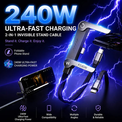 ⚡Official Authorized | 2-in-1 Invisible Holder Charger Cable - 240W Fast Charging Cord with Built-In Phone Stand