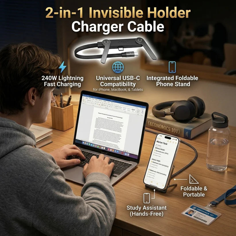 ⚡Official Authorized | 2-in-1 Invisible Holder Charger Cable - 240W Fast Charging Cord with Built-In Phone Stand